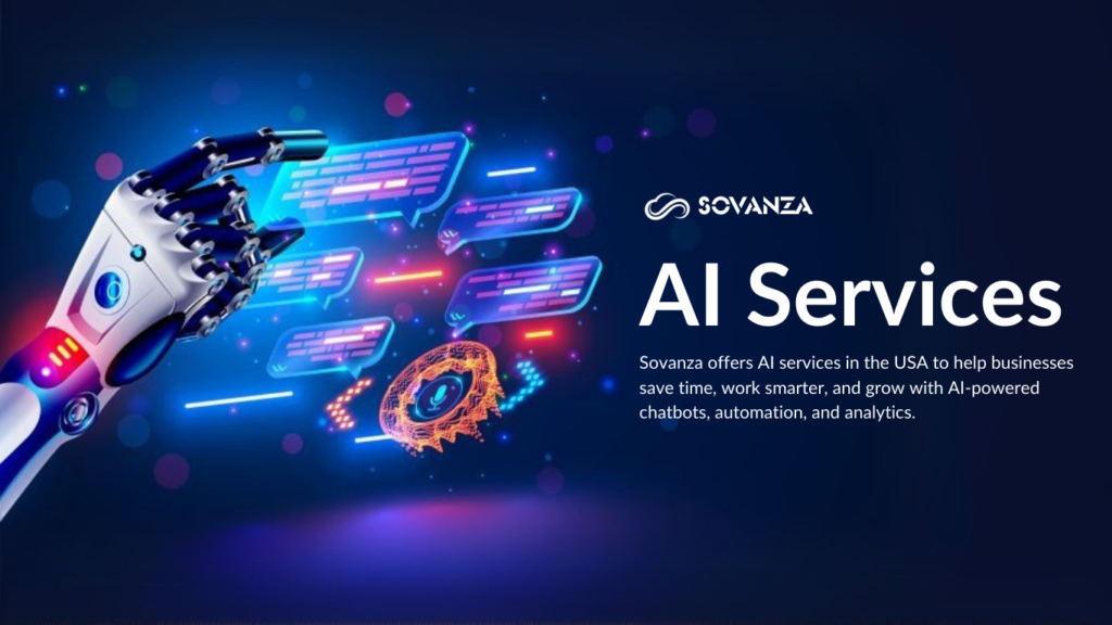 Image representing "AI services concept with futuristic digital interface, artificial intelligence icons, and a robotic brain, representing machine learning, automation, and innovation."