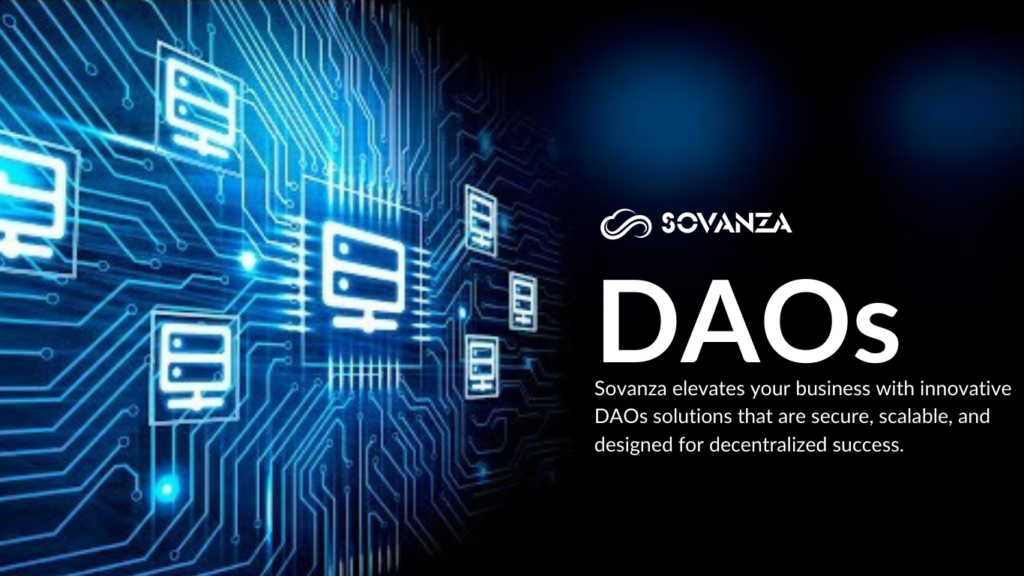 A graphical representation of DAOs (Decentralized Autonomous Organizations), illustrating blockchain-based organizations governed by smart contracts and community voting, without centralized control.