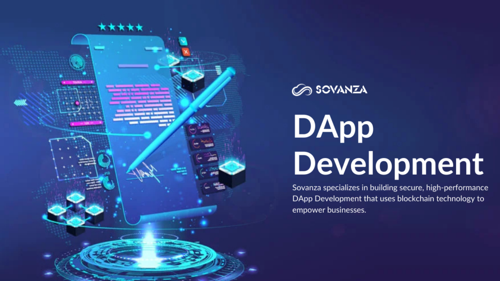 A graphical representation of DApp development, showcasing the creation of decentralized applications built on blockchain technology, offering secure, transparent, and user-controlled experiences.