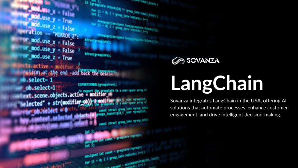 "LangChain technology concept with AI-driven workflow, automation, and machine learning integration, featuring Sovanza branding and a futuristic digital interface."