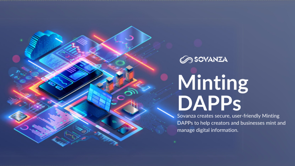 A graphical representation of minting DApps (Decentralized Applications), illustrating platforms where users can create and mint non-fungible tokens (NFTs) or digital assets directly on the blockchain.