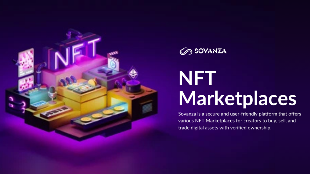 A graphical representation of NFT marketplaces, illustrating digital platforms for buying, selling, and trading non-fungible tokens (NFTs) using blockchain technology.