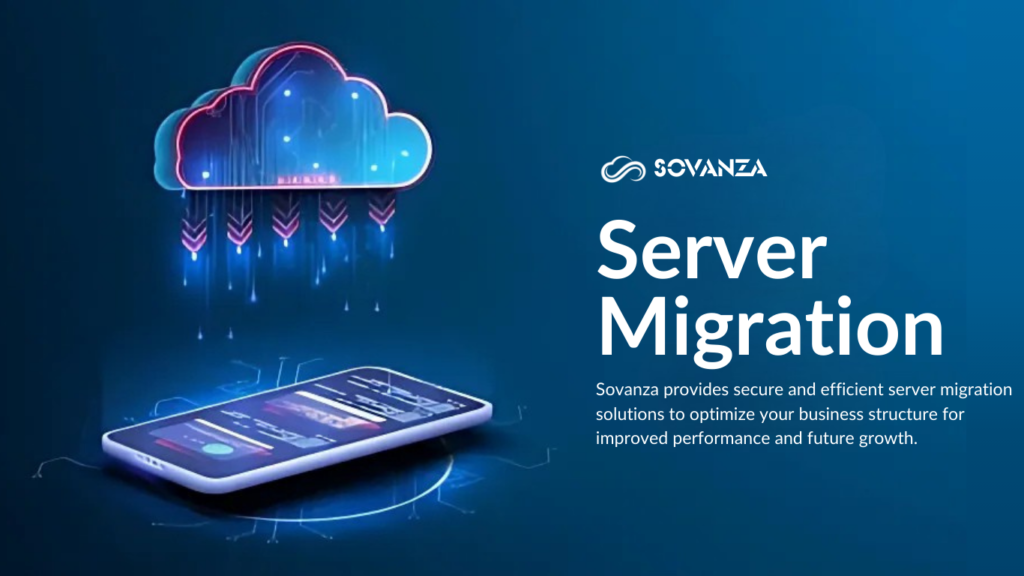 Server migration process in action, with professionals monitoring data transfer, ensuring a seamless transition to a new server.