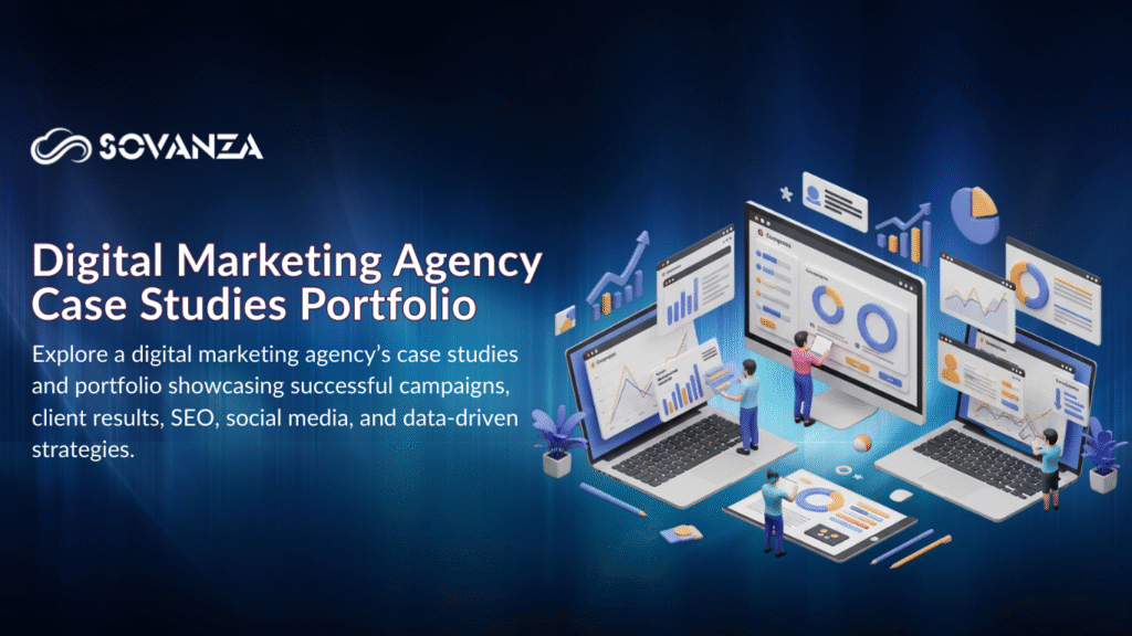 Digital marketing agency case studies portfolio showcasing client results and success stories.