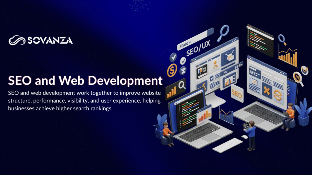 “SEO and Web Development teamwork optimizing and building high-ranking websites.”